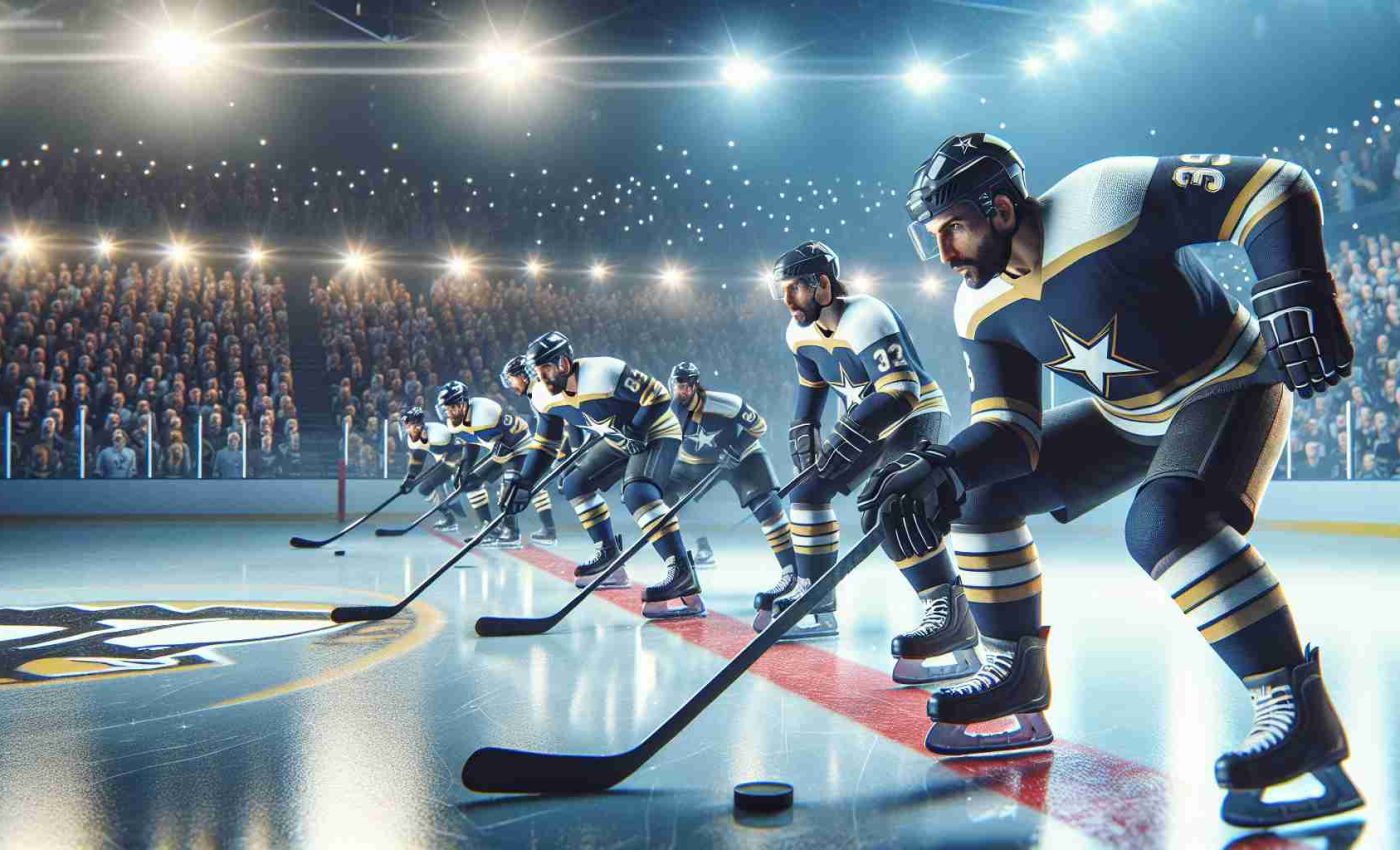 High-quality, realistic image of a thrilling ice hockey match in progress. The defensive line of the star team is poised and ready, prepared to shine against their Penguin rivals. The scene is set in a well-lit indoor stadium, the surrounding crowd brimming with anticipation. The players on the rink are focused, their concentration evident.