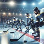 High-quality, realistic image of a thrilling ice hockey match in progress. The defensive line of the star team is poised and ready, prepared to shine against their Penguin rivals. The scene is set in a well-lit indoor stadium, the surrounding crowd brimming with anticipation. The players on the rink are focused, their concentration evident.