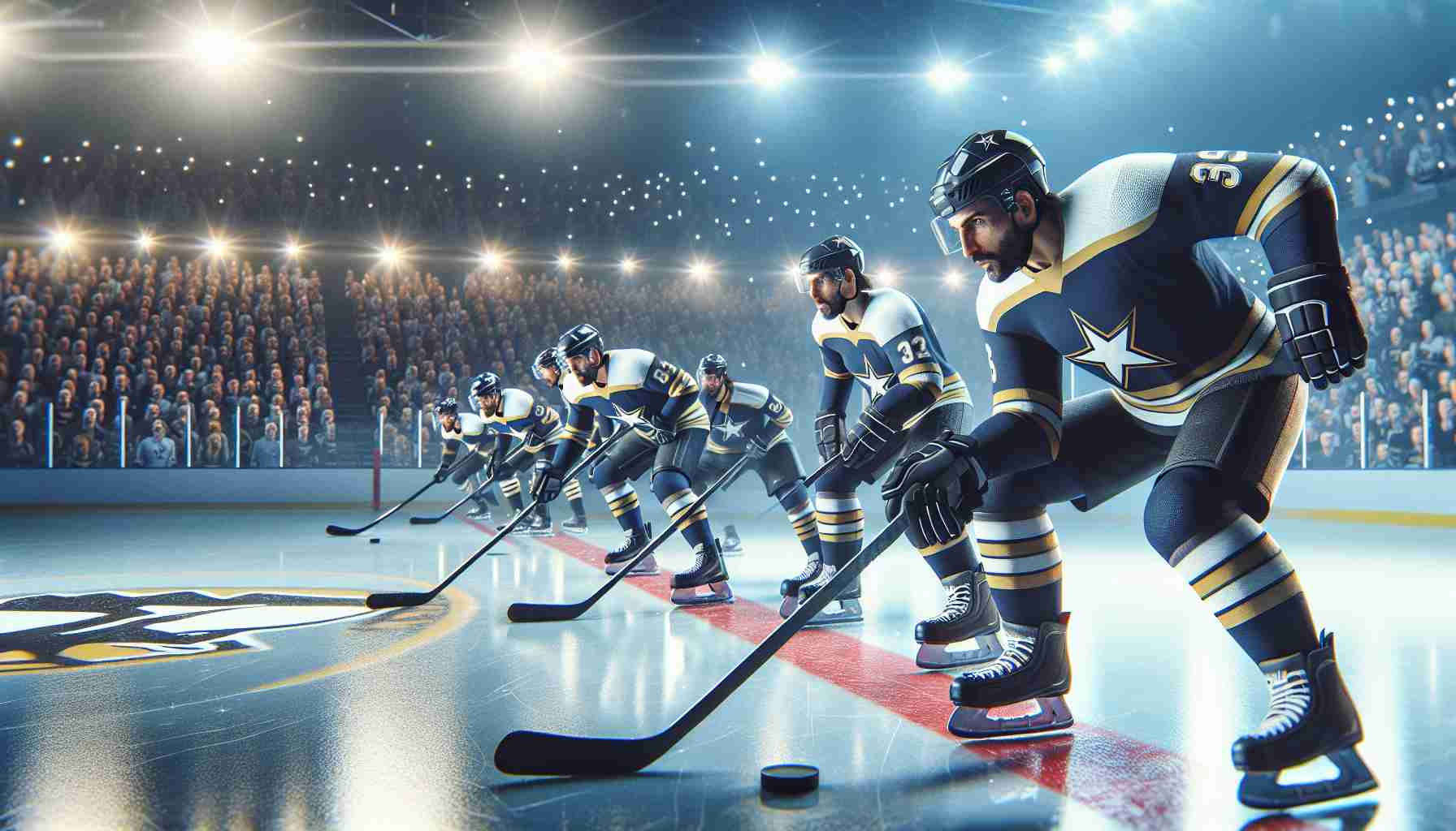 High-quality, realistic image of a thrilling ice hockey match in progress. The defensive line of the star team is poised and ready, prepared to shine against their Penguin rivals. The scene is set in a well-lit indoor stadium, the surrounding crowd brimming with anticipation. The players on the rink are focused, their concentration evident.