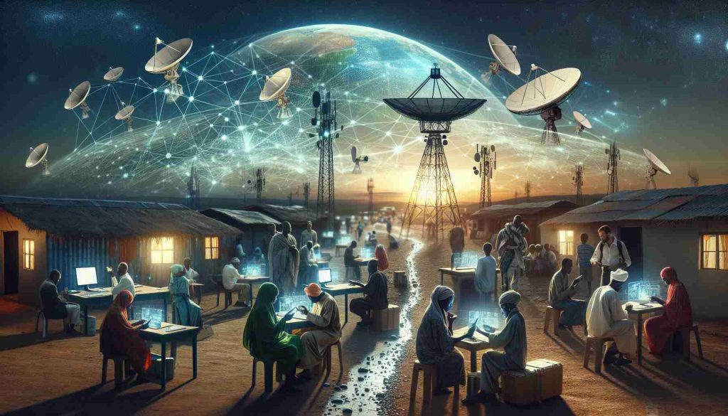 A high-definition, realistic image representing the concept of revolutionizing remote areas through major investments in satellite technology. The scene should depict a remote, underdeveloped area with visible signs of technological progress such as newly erected satellite dishes, telecommunication towers, or a constellation of satellites in the night sky. Also include locals engaging with the new technology, such as a multi-racial group of men and women using handheld devices or computers connected to the satellite signal, underlining the positive impact of the investment.