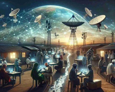 A high-definition, realistic image representing the concept of revolutionizing remote areas through major investments in satellite technology. The scene should depict a remote, underdeveloped area with visible signs of technological progress such as newly erected satellite dishes, telecommunication towers, or a constellation of satellites in the night sky. Also include locals engaging with the new technology, such as a multi-racial group of men and women using handheld devices or computers connected to the satellite signal, underlining the positive impact of the investment.