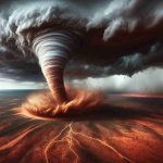 High-resolution realistic image featuring a furious tornado in the vast expanse of the Australian Outback. The tornado is intensely strong and leaves a clear pathway of destruction behind, altering the terrain dramatically, as it passes through the desolate landscape. The sky is dominated by dark, threatening storm clouds, contrasting with the Outback's red, sandy terrain, which is occasionally dotted with small, hardy vegetation. Imagine the power of nature unleashed, causing awe-inspiring, yet fearsome alteration to its surroundings.