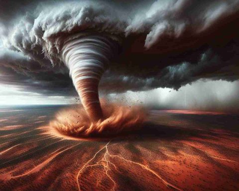 High-resolution realistic image featuring a furious tornado in the vast expanse of the Australian Outback. The tornado is intensely strong and leaves a clear pathway of destruction behind, altering the terrain dramatically, as it passes through the desolate landscape. The sky is dominated by dark, threatening storm clouds, contrasting with the Outback's red, sandy terrain, which is occasionally dotted with small, hardy vegetation. Imagine the power of nature unleashed, causing awe-inspiring, yet fearsome alteration to its surroundings.