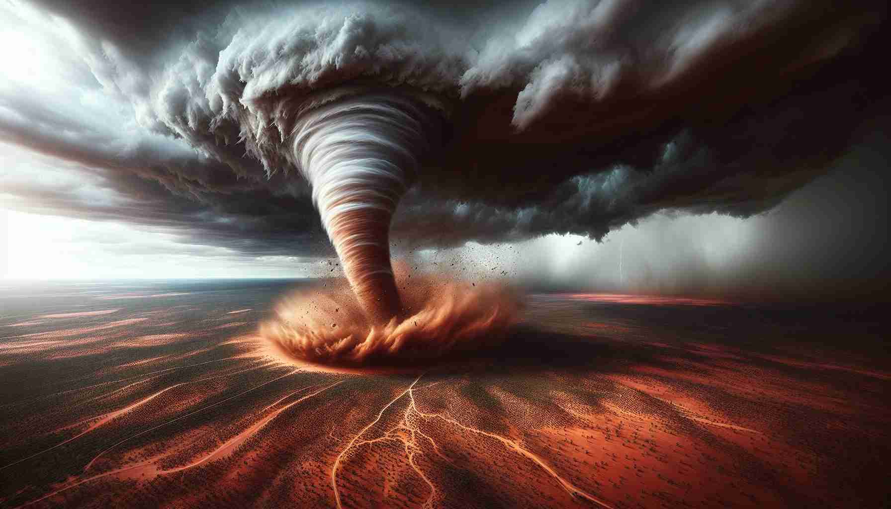 High-resolution realistic image featuring a furious tornado in the vast expanse of the Australian Outback. The tornado is intensely strong and leaves a clear pathway of destruction behind, altering the terrain dramatically, as it passes through the desolate landscape. The sky is dominated by dark, threatening storm clouds, contrasting with the Outback's red, sandy terrain, which is occasionally dotted with small, hardy vegetation. Imagine the power of nature unleashed, causing awe-inspiring, yet fearsome alteration to its surroundings.