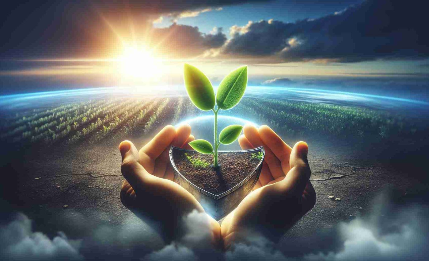 High definition, photorealistic image of a concept representation symbolizing protection of our future. This could include a strong pair of hands cradling a green, sprouting seedling, set against a backdrop of a bright sunrise. This scene would embody the significance of proactive measures and sustainable programs akin to the concept of the New Deal.