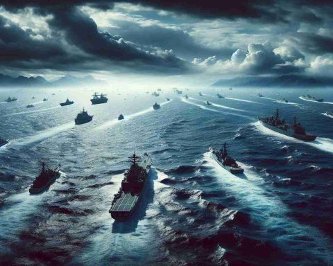 A high-definition, realistic image showcasing tension in the Indo-Pacific region through the representation of pivotal naval movements. Ships from different unidentified nations navigate the open sea, their movements strategic as they represent an escalating geopolitical situation. The vastness of the sea should evoke isolation, and the variety of ships should signal a global response. The ocean is choppy with waves, the sky heavy with stormy clouds, reflecting the charged atmosphere of the unfolding situation.