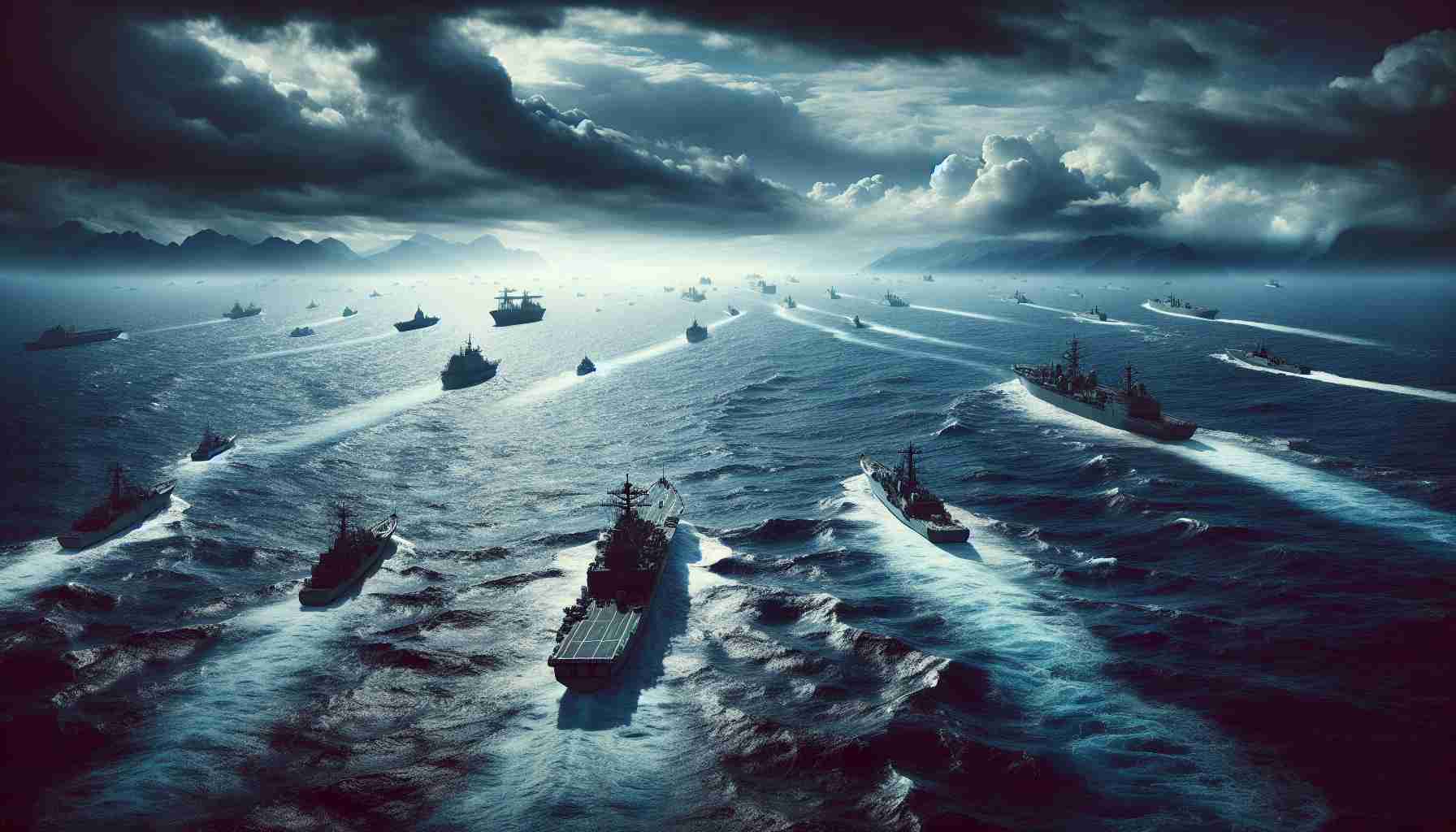 A high-definition, realistic image showcasing tension in the Indo-Pacific region through the representation of pivotal naval movements. Ships from different unidentified nations navigate the open sea, their movements strategic as they represent an escalating geopolitical situation. The vastness of the sea should evoke isolation, and the variety of ships should signal a global response. The ocean is choppy with waves, the sky heavy with stormy clouds, reflecting the charged atmosphere of the unfolding situation.