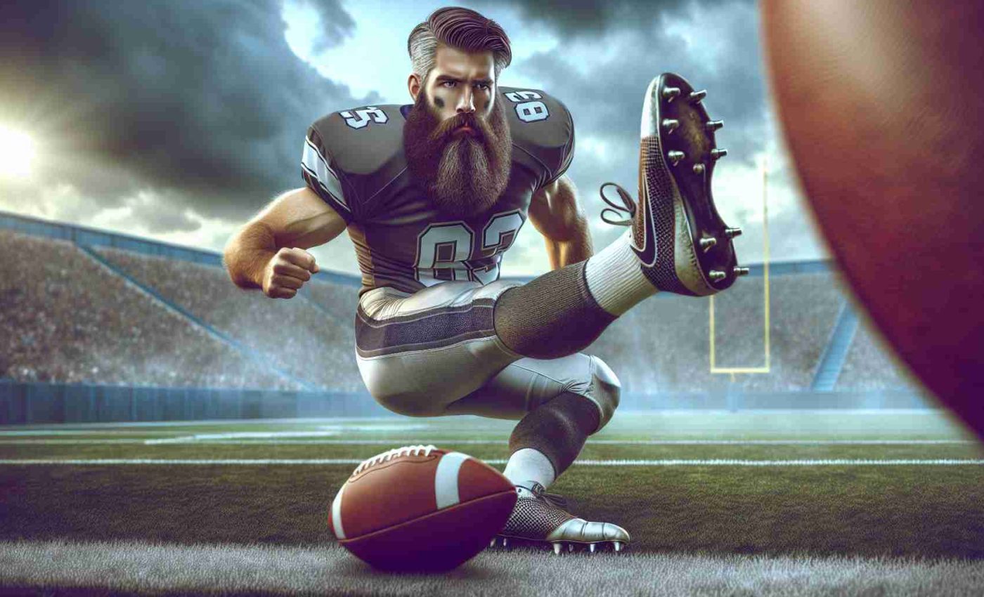 A realistic, high-definition image of a burly, bearded American football player taking on a kicking challenge during a university-level football showdown between two Midwestern teams.