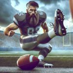 A realistic, high-definition image of a burly, bearded American football player taking on a kicking challenge during a university-level football showdown between two Midwestern teams.