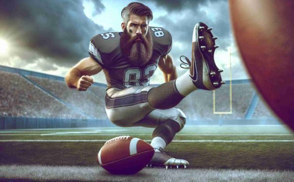 A realistic, high-definition image of a burly, bearded American football player taking on a kicking challenge during a university-level football showdown between two Midwestern teams.