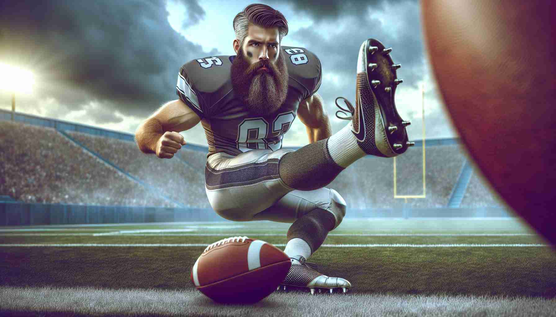 A realistic, high-definition image of a burly, bearded American football player taking on a kicking challenge during a university-level football showdown between two Midwestern teams.