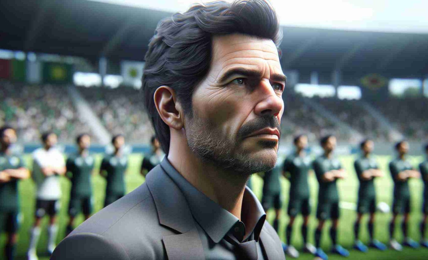 Realistic high-definition image illustrating a football coach, who could be of any nationality, under immense pressure as his team prepares for an important match against their rivals. The coach, a mature adult of Hispanic ethnicity with short dark hair, is depicted in a mid-shot, displaying a serious and thoughtful expression. The background vaguely hints at a bustling football training ground, setting the stage for a knock-out game.