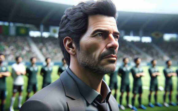 Realistic high-definition image illustrating a football coach, who could be of any nationality, under immense pressure as his team prepares for an important match against their rivals. The coach, a mature adult of Hispanic ethnicity with short dark hair, is depicted in a mid-shot, displaying a serious and thoughtful expression. The background vaguely hints at a bustling football training ground, setting the stage for a knock-out game.