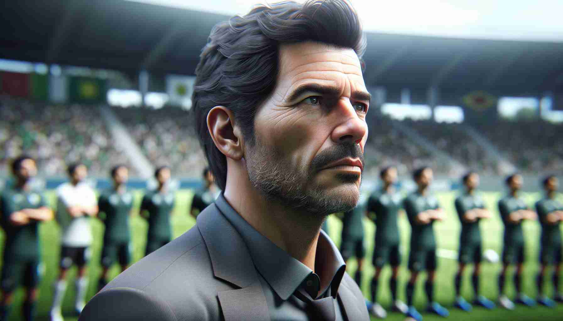 Realistic high-definition image illustrating a football coach, who could be of any nationality, under immense pressure as his team prepares for an important match against their rivals. The coach, a mature adult of Hispanic ethnicity with short dark hair, is depicted in a mid-shot, displaying a serious and thoughtful expression. The background vaguely hints at a bustling football training ground, setting the stage for a knock-out game.