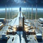 Create a hyper-realistic, high-definition image of a space launch event. The focus is on a modern, advanced spacecraft on a launchpad, with 24 small satellites, labeled as 'Starlink', ready for take-off. Around the launchpad, you can see relevant infrastructure for space launches, like towers, ground equipment, and specialized staff conducting final checks. The landscape should be of an actual space station, with a blue sky making a beautiful background. Please abstain from including explicit company logos or branding.