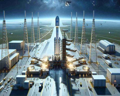 Create a hyper-realistic, high-definition image of a space launch event. The focus is on a modern, advanced spacecraft on a launchpad, with 24 small satellites, labeled as 'Starlink', ready for take-off. Around the launchpad, you can see relevant infrastructure for space launches, like towers, ground equipment, and specialized staff conducting final checks. The landscape should be of an actual space station, with a blue sky making a beautiful background. Please abstain from including explicit company logos or branding.