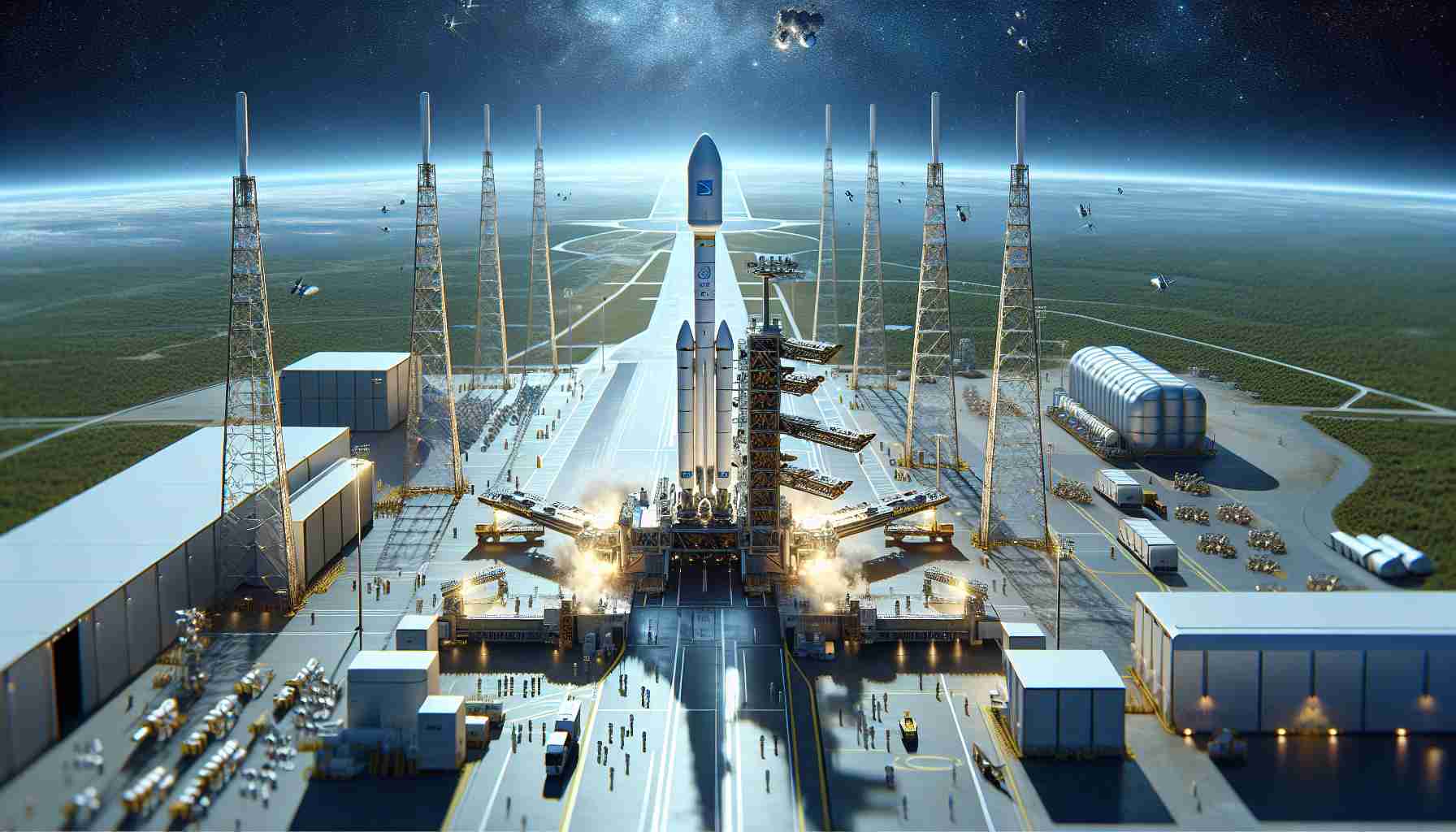 Create a hyper-realistic, high-definition image of a space launch event. The focus is on a modern, advanced spacecraft on a launchpad, with 24 small satellites, labeled as 'Starlink', ready for take-off. Around the launchpad, you can see relevant infrastructure for space launches, like towers, ground equipment, and specialized staff conducting final checks. The landscape should be of an actual space station, with a blue sky making a beautiful background. Please abstain from including explicit company logos or branding.