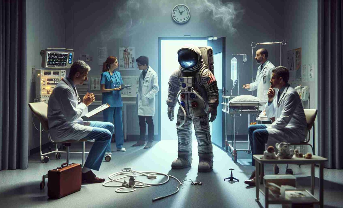 Create a high-definition, realistic image of a situation steeped in mystery relating to an astronaut's stay at the hospital following a space mission. Include elements of astonishment and suspense, such as medical staff in discussion, closed doors and some space mission paraphernalia.