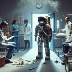 Create a high-definition, realistic image of a situation steeped in mystery relating to an astronaut's stay at the hospital following a space mission. Include elements of astonishment and suspense, such as medical staff in discussion, closed doors and some space mission paraphernalia.