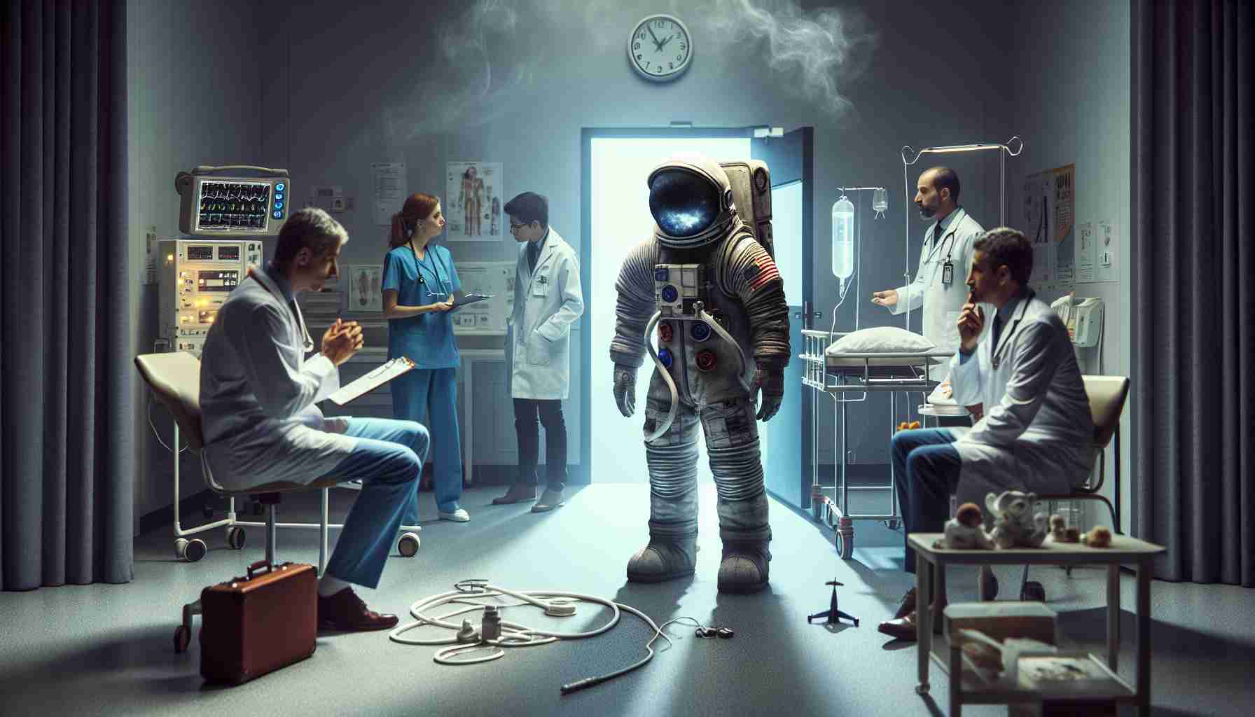 Create a high-definition, realistic image of a situation steeped in mystery relating to an astronaut's stay at the hospital following a space mission. Include elements of astonishment and suspense, such as medical staff in discussion, closed doors and some space mission paraphernalia.