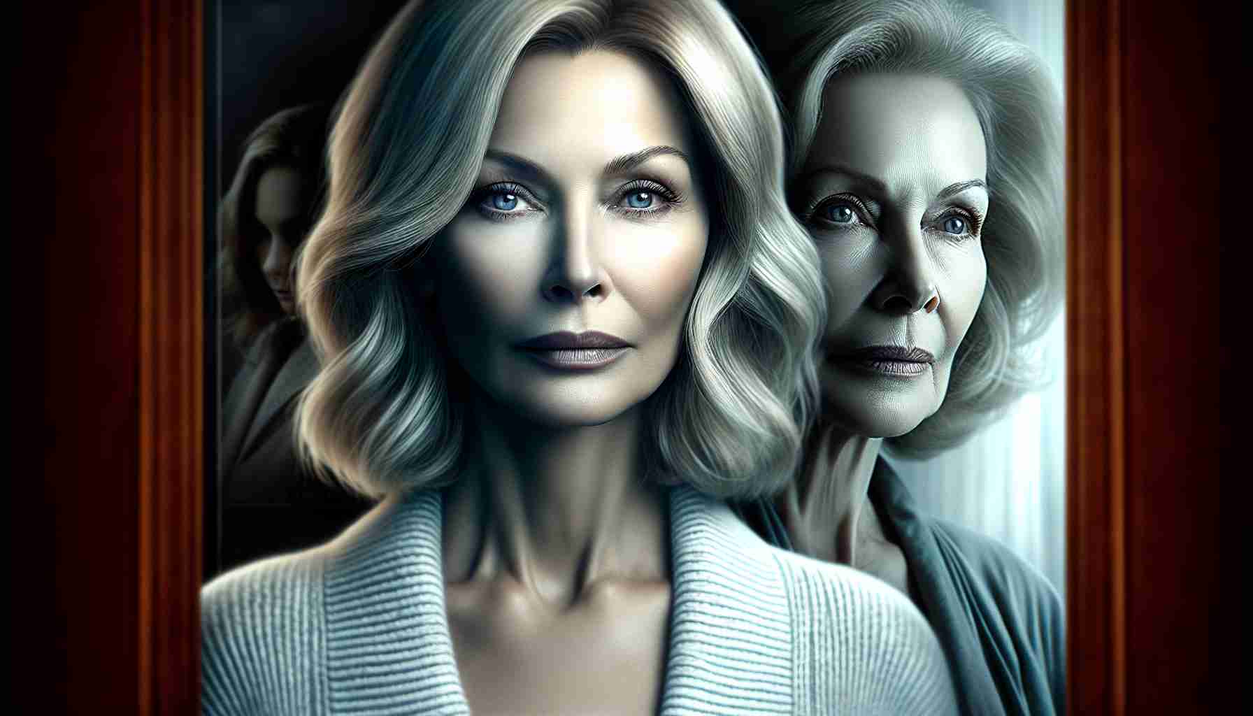 A realistic HD image depicting a movie poster for a new horror film. The film, titled 'A Haunting Journey,' prominently features its lead star, a woman with light hair and fair complexion in her late 60s, exuding a poised and intense aura. Her look is reminiscent of a seasoned actress known for her work in the genre. Imagery associated with the movie should suggest elements of mystery, suspense, and thrill.