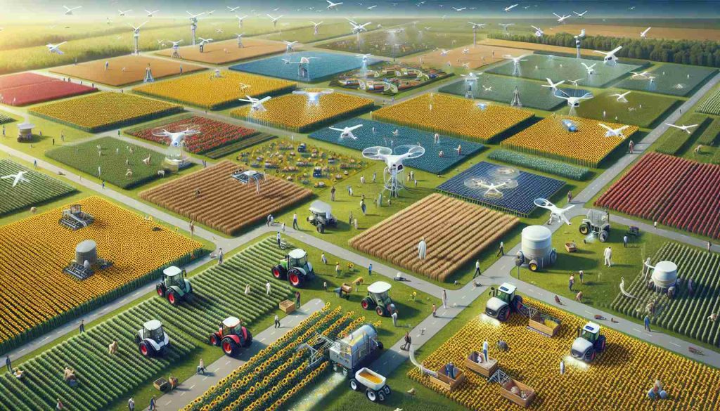 Generate a realistic high-definition image showing the future of agriculture in Ukraine, with a focus on the use of Artificial Intelligence. Illustrate diverse farmland with fields of sunflowers, wheat, and corn. Show how AI technology is being used, with autonomous tractors and drones surveying the land. Scatter white and black Ukrainian farmers tending to their farm and interacting with these machines.