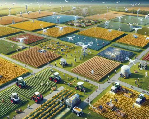 Generate a realistic high-definition image showing the future of agriculture in Ukraine, with a focus on the use of Artificial Intelligence. Illustrate diverse farmland with fields of sunflowers, wheat, and corn. Show how AI technology is being used, with autonomous tractors and drones surveying the land. Scatter white and black Ukrainian farmers tending to their farm and interacting with these machines.