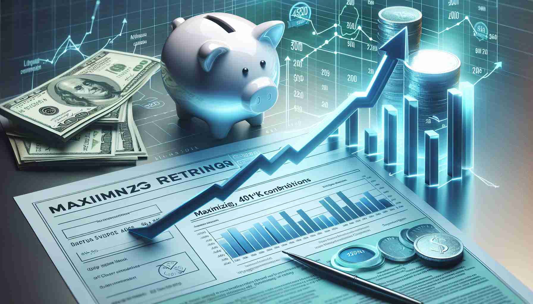 An ultra high-definition, realistic image representing the concept of maximizing retirement savings. This should pertain to envisaged changes to 401(k) contributions in the year 2025. The image may include elements such as graphs showcasing an upward trajectory, a 401(k) document with '2025' highlighted, and symbolic representations of key changes. Also, include a depiction of a secure piggy bank to symbolize savings.