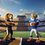 Realistic, high-definition image of a metaphorical representation of the University of Arkansas Pine Bluff preparing for a challenging conflict against Jackson State. Set the scene in a monumental stadium filled with spectators cheerfully waving their respective school colors - gold and black for UAPB, and blue and white for Jackson State. Picture the mascots, a golden lion for UAPB and a Bengal Tiger for Jackson State, standing confidently at either ends of the field, representing the potential battle to come.