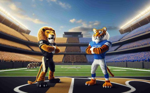 Realistic, high-definition image of a metaphorical representation of the University of Arkansas Pine Bluff preparing for a challenging conflict against Jackson State. Set the scene in a monumental stadium filled with spectators cheerfully waving their respective school colors - gold and black for UAPB, and blue and white for Jackson State. Picture the mascots, a golden lion for UAPB and a Bengal Tiger for Jackson State, standing confidently at either ends of the field, representing the potential battle to come.