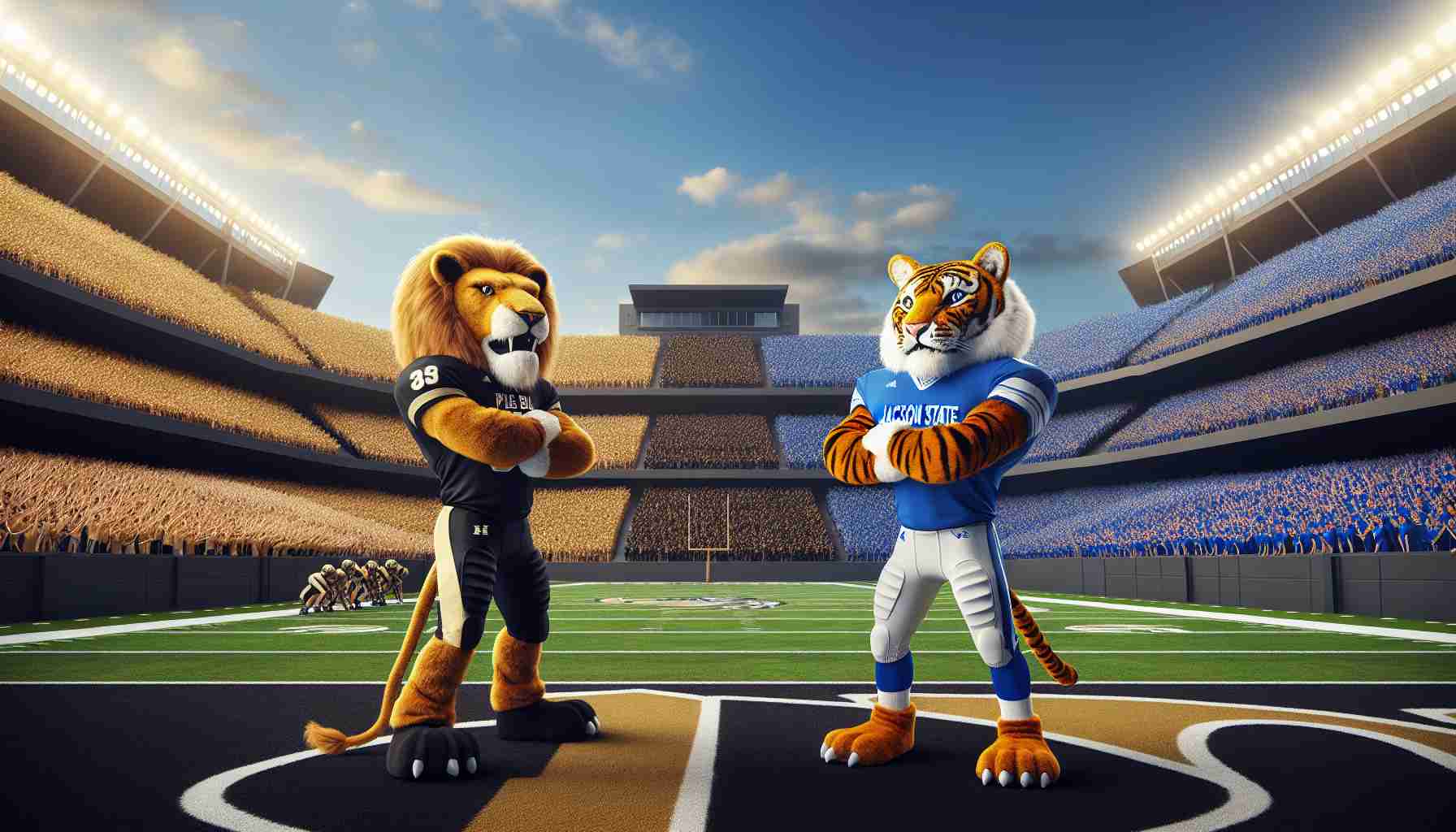 Realistic, high-definition image of a metaphorical representation of the University of Arkansas Pine Bluff preparing for a challenging conflict against Jackson State. Set the scene in a monumental stadium filled with spectators cheerfully waving their respective school colors - gold and black for UAPB, and blue and white for Jackson State. Picture the mascots, a golden lion for UAPB and a Bengal Tiger for Jackson State, standing confidently at either ends of the field, representing the potential battle to come.