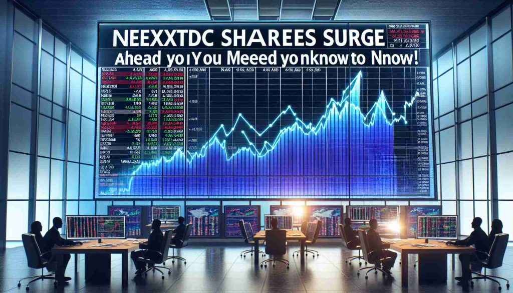 Create a high-definition realistic image indicative of a stock market scenario where NextDC shares are significantly increasing. This rise in shares should be visualized on multiple electronic screens with varied line charts demonstrating the uptrend. In the foreground, a financial newspaper headline reads, 'NextDC Shares Surge Ahead of Major AGM: What You Need to Know!' The setting should have a modern financial vibe, perhaps an office or trading floor.