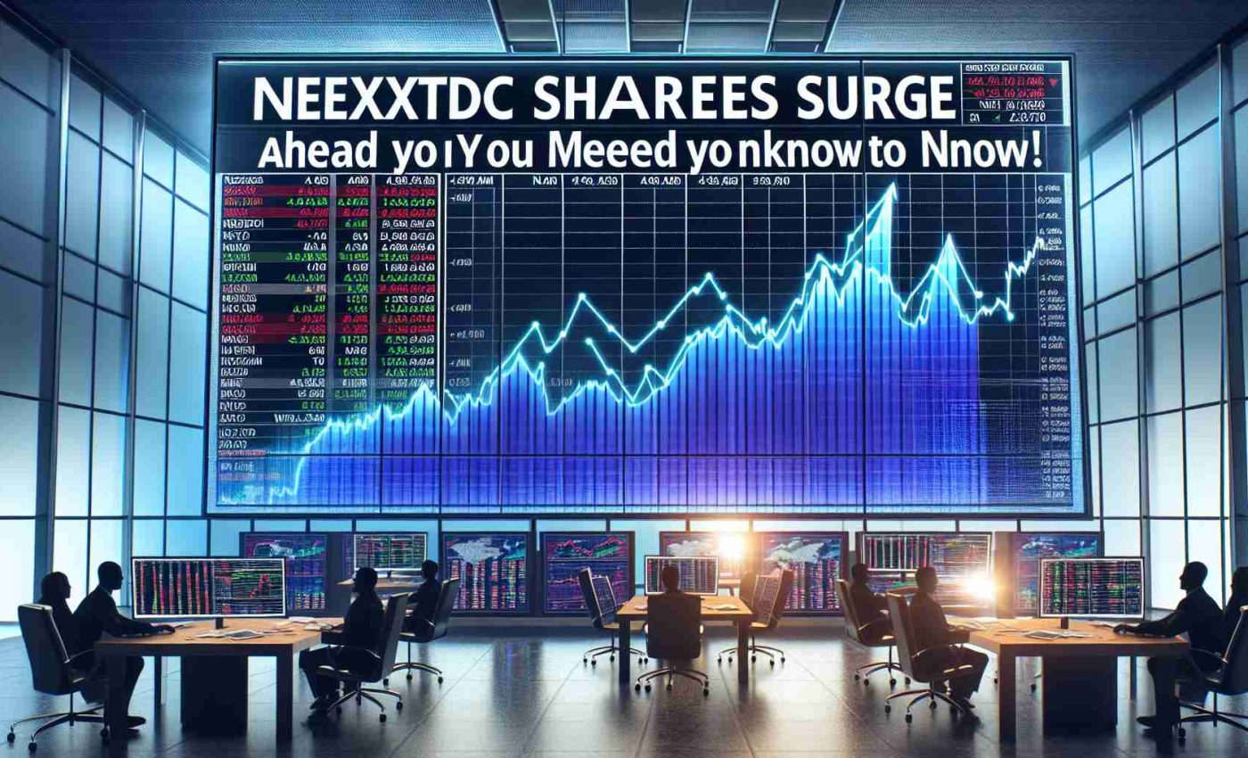 Create a high-definition realistic image indicative of a stock market scenario where NextDC shares are significantly increasing. This rise in shares should be visualized on multiple electronic screens with varied line charts demonstrating the uptrend. In the foreground, a financial newspaper headline reads, 'NextDC Shares Surge Ahead of Major AGM: What You Need to Know!' The setting should have a modern financial vibe, perhaps an office or trading floor.