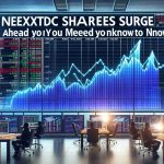 Create a high-definition realistic image indicative of a stock market scenario where NextDC shares are significantly increasing. This rise in shares should be visualized on multiple electronic screens with varied line charts demonstrating the uptrend. In the foreground, a financial newspaper headline reads, 'NextDC Shares Surge Ahead of Major AGM: What You Need to Know!' The setting should have a modern financial vibe, perhaps an office or trading floor.