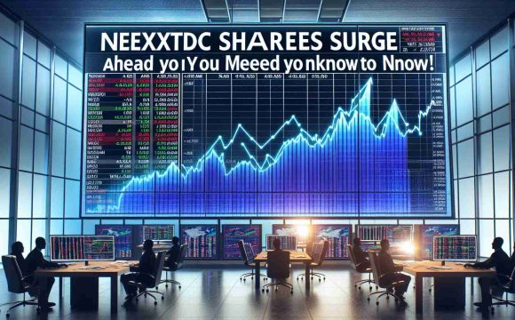 Create a high-definition realistic image indicative of a stock market scenario where NextDC shares are significantly increasing. This rise in shares should be visualized on multiple electronic screens with varied line charts demonstrating the uptrend. In the foreground, a financial newspaper headline reads, 'NextDC Shares Surge Ahead of Major AGM: What You Need to Know!' The setting should have a modern financial vibe, perhaps an office or trading floor.