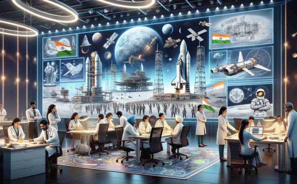 A photorealistic, high-definition illustration showing India's progressive journey into space exploration, represented through a symbolic scene. The scene depicts Indian scientists, diverse in gender and descent, actively engaged in planning and operational tasks. On the backdrop are detailed drawings of upcoming moon missions, space launch vehicles, spaceships, and futuristic space technology that signify India's visionary approach. The setting is modern, hinting at cutting-edge technology, innovation, and a strong sense of ambition resonating within the room.