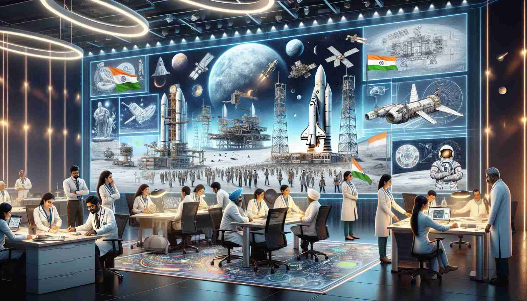 A photorealistic, high-definition illustration showing India's progressive journey into space exploration, represented through a symbolic scene. The scene depicts Indian scientists, diverse in gender and descent, actively engaged in planning and operational tasks. On the backdrop are detailed drawings of upcoming moon missions, space launch vehicles, spaceships, and futuristic space technology that signify India's visionary approach. The setting is modern, hinting at cutting-edge technology, innovation, and a strong sense of ambition resonating within the room.