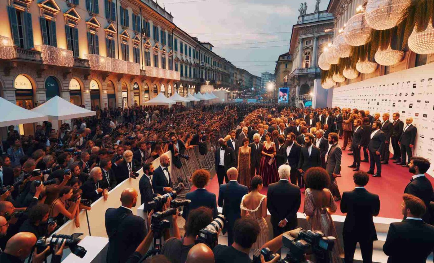 Depict a bustling atmosphere at the Torino Film Festival held in Italy. The image should portray a star-studded premiere scenario. The surroundings should be filled with people, paparazzi and well-decorated structures. In the crowd, include wide-ranging descents and genders like Black men, Caucasian women, Hispanic women, South Asian men, Middle-Eastern women and White men. The picture should reflect an evening ambiance with lots of lights and reflections. Also, there's a sense of anticipation as people are waiting for the beginning of the event. The image should resonate with the grandeur of a film festival, in high-definition realism.