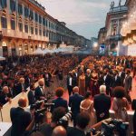 Depict a bustling atmosphere at the Torino Film Festival held in Italy. The image should portray a star-studded premiere scenario. The surroundings should be filled with people, paparazzi and well-decorated structures. In the crowd, include wide-ranging descents and genders like Black men, Caucasian women, Hispanic women, South Asian men, Middle-Eastern women and White men. The picture should reflect an evening ambiance with lots of lights and reflections. Also, there's a sense of anticipation as people are waiting for the beginning of the event. The image should resonate with the grandeur of a film festival, in high-definition realism.