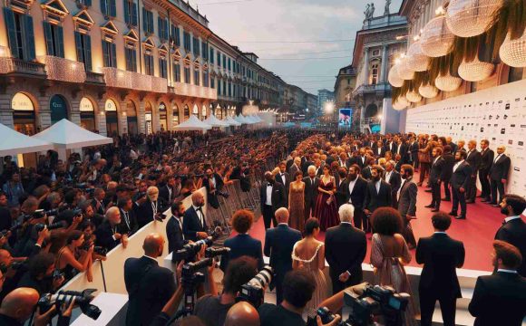 Depict a bustling atmosphere at the Torino Film Festival held in Italy. The image should portray a star-studded premiere scenario. The surroundings should be filled with people, paparazzi and well-decorated structures. In the crowd, include wide-ranging descents and genders like Black men, Caucasian women, Hispanic women, South Asian men, Middle-Eastern women and White men. The picture should reflect an evening ambiance with lots of lights and reflections. Also, there's a sense of anticipation as people are waiting for the beginning of the event. The image should resonate with the grandeur of a film festival, in high-definition realism.