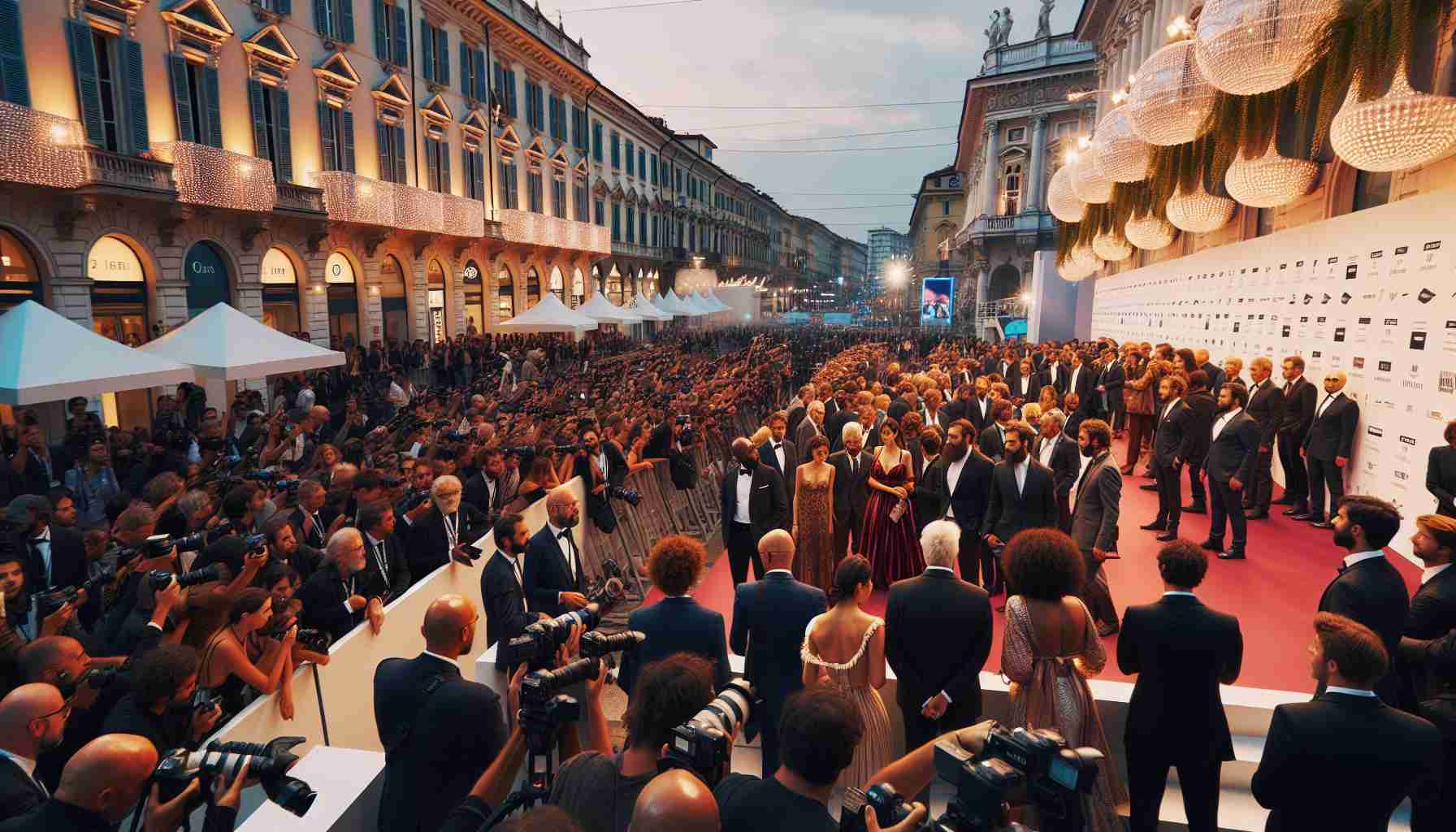 Depict a bustling atmosphere at the Torino Film Festival held in Italy. The image should portray a star-studded premiere scenario. The surroundings should be filled with people, paparazzi and well-decorated structures. In the crowd, include wide-ranging descents and genders like Black men, Caucasian women, Hispanic women, South Asian men, Middle-Eastern women and White men. The picture should reflect an evening ambiance with lots of lights and reflections. Also, there's a sense of anticipation as people are waiting for the beginning of the event. The image should resonate with the grandeur of a film festival, in high-definition realism.