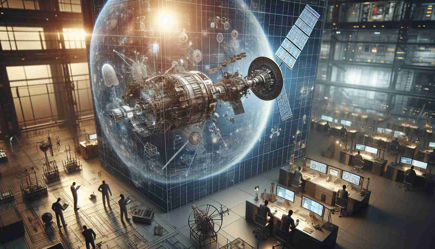 A highly-detailed, realistic depiction of innovative advancements in space technology. The image could represent the concept of 'New Standards', perhaps showing satellite designs or intricate spacecraft blueprints, or a mock-up of a cutting-edge space station. Please also include some scenes showing engineers or scientists of different descents and genders actively working and contributing in these advancements, they could be seen analyzing data, using advanced computer interfaces, or working with sophisticated machinery. This technology should look modern, state-of-the-art, and is setting a new standard in the industry.