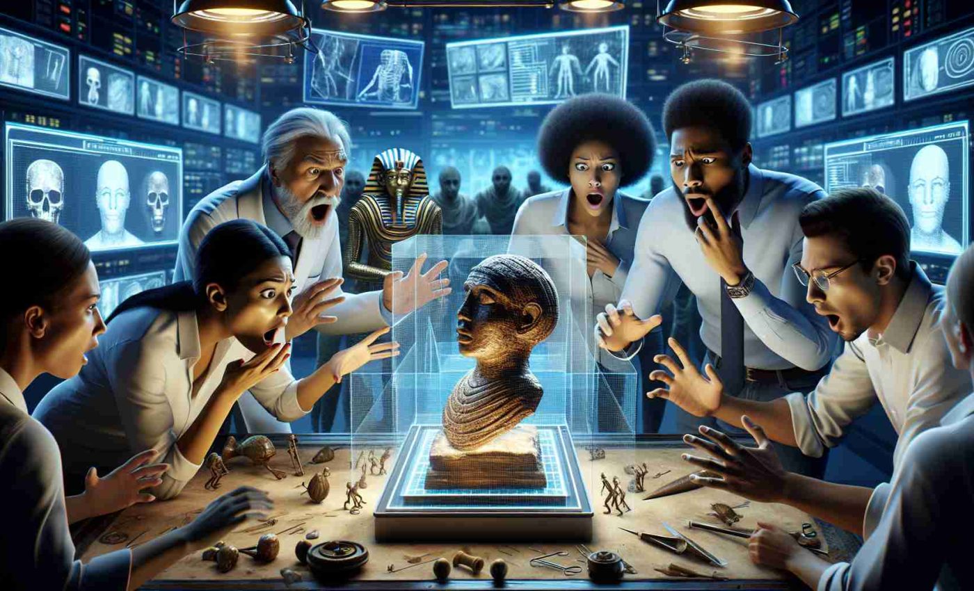 Detailed depiction of a realistic, high-definition scene encapsulating a shocking discovery of an ancient secret revealed in modern times. Visualize a group of diverse archaeologists - a Black man, Hispanic woman, and Caucasian man, as they uncover an enigmatic artifact from times long gone. Display their awe and surprise as they reveal the relic in a high-tech lab filled with digital screens showing 3D renderings of the found artifact. Capture the contrast of the old and the new, the archaic and the high-tech, in a harmonious composition.