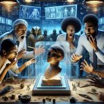 Detailed depiction of a realistic, high-definition scene encapsulating a shocking discovery of an ancient secret revealed in modern times. Visualize a group of diverse archaeologists - a Black man, Hispanic woman, and Caucasian man, as they uncover an enigmatic artifact from times long gone. Display their awe and surprise as they reveal the relic in a high-tech lab filled with digital screens showing 3D renderings of the found artifact. Capture the contrast of the old and the new, the archaic and the high-tech, in a harmonious composition.