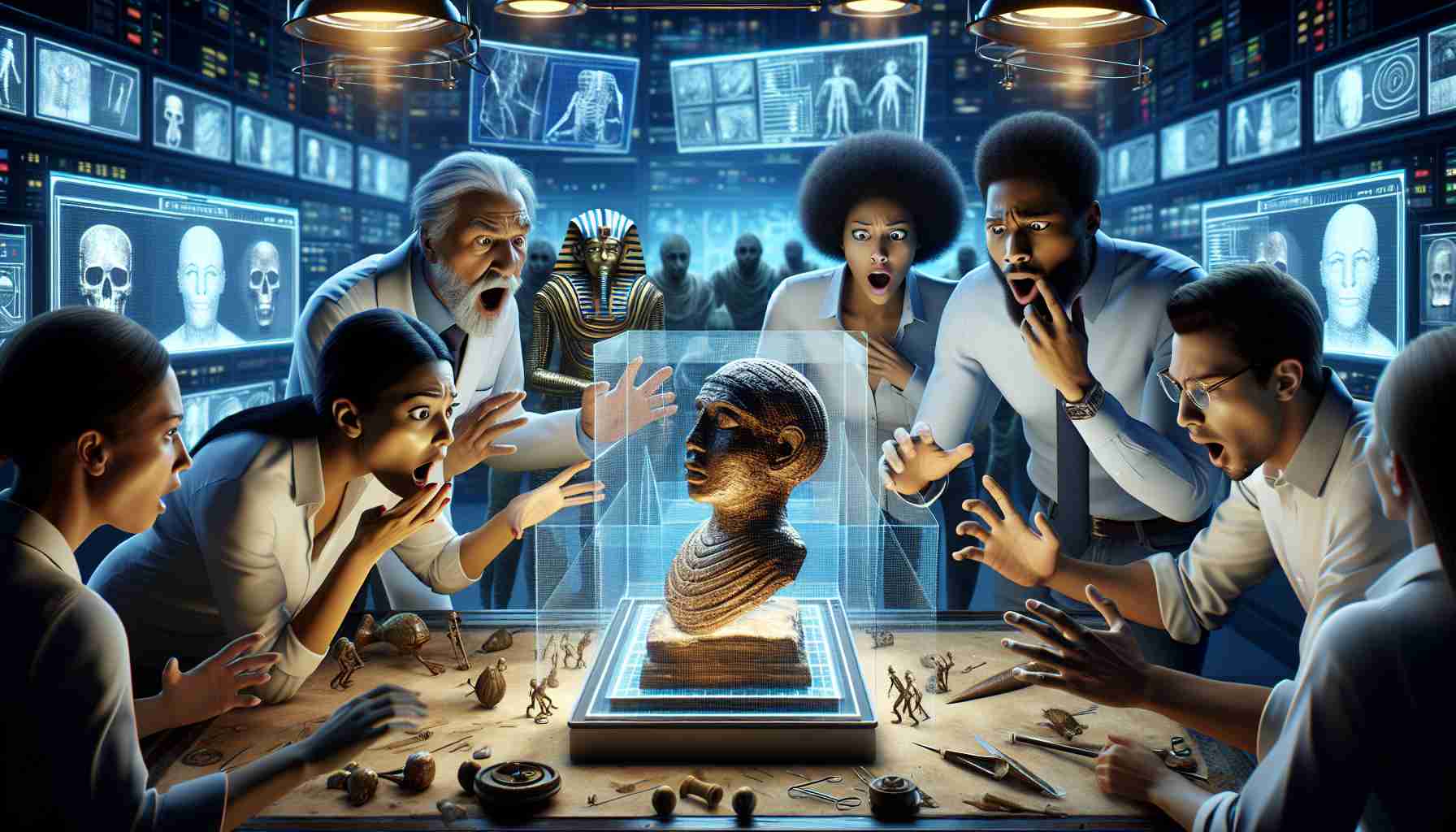 Detailed depiction of a realistic, high-definition scene encapsulating a shocking discovery of an ancient secret revealed in modern times. Visualize a group of diverse archaeologists - a Black man, Hispanic woman, and Caucasian man, as they uncover an enigmatic artifact from times long gone. Display their awe and surprise as they reveal the relic in a high-tech lab filled with digital screens showing 3D renderings of the found artifact. Capture the contrast of the old and the new, the archaic and the high-tech, in a harmonious composition.