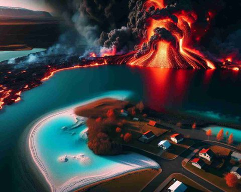 An image in high-resolution detailing a dramatic scene where a fiery lava flow is ominously nearing a tranquil body of water, known as the Blue Lagoon. The intense red and orange hues of the lava contrast with the calm, azure waters of the lagoon. Nearby homes appear deserted, indicating a recent evacuation by the local residents due to the looming volcanic threat. No human figures are present in the image, emphasizing the dire nature of the situation.