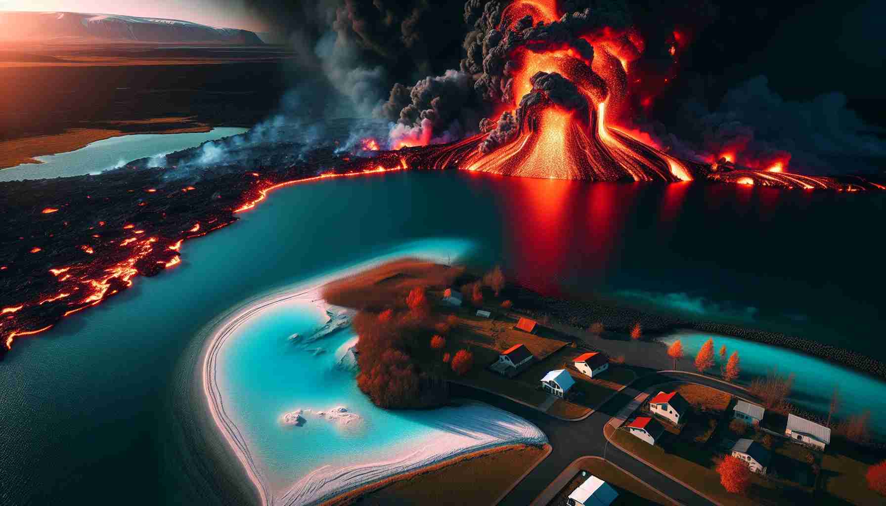 An image in high-resolution detailing a dramatic scene where a fiery lava flow is ominously nearing a tranquil body of water, known as the Blue Lagoon. The intense red and orange hues of the lava contrast with the calm, azure waters of the lagoon. Nearby homes appear deserted, indicating a recent evacuation by the local residents due to the looming volcanic threat. No human figures are present in the image, emphasizing the dire nature of the situation.