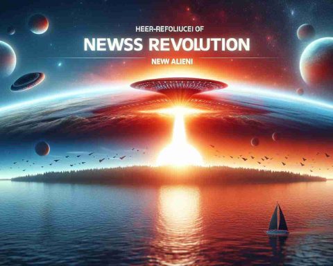 Hyper-realistic, high-definition image of a metaphorical revolution represented as a sunrise on the horizon, juxtaposed with the incorporation of extraterrestrial elements. This image symbolizes the introduction of 'News Alieni', hinting at the disruption of the present norm, opening up the world to new possibilities and changes brought about by external influences.