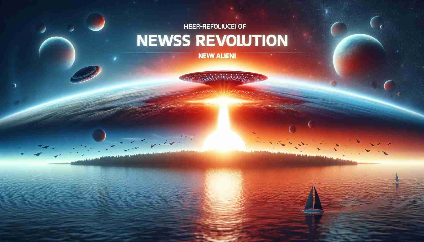 Hyper-realistic, high-definition image of a metaphorical revolution represented as a sunrise on the horizon, juxtaposed with the incorporation of extraterrestrial elements. This image symbolizes the introduction of 'News Alieni', hinting at the disruption of the present norm, opening up the world to new possibilities and changes brought about by external influences.