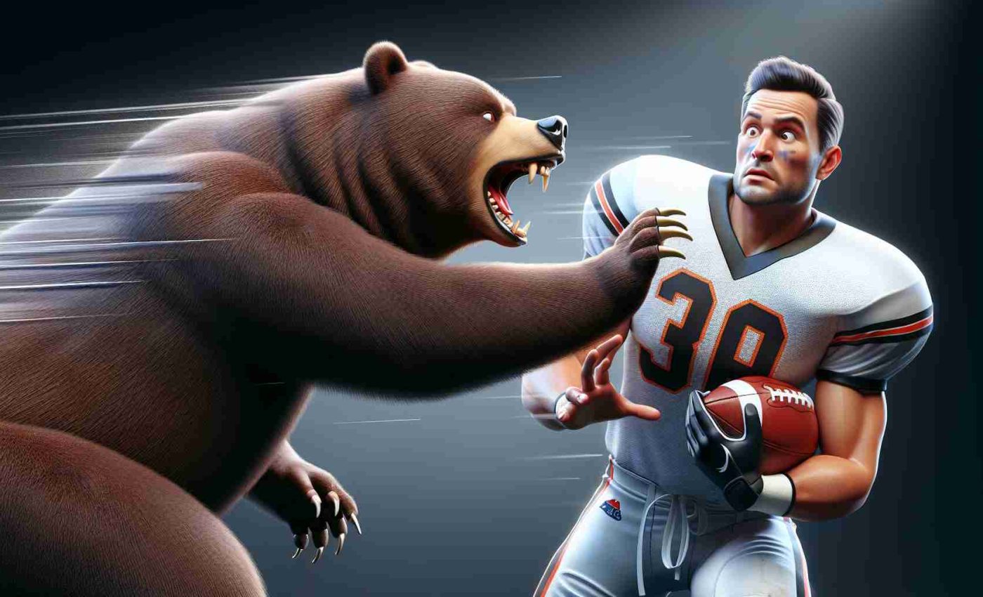 Realistically rendered high-definition image of a symbolic moment in a football game, where a team - represented by a bear emblem - is severing its connection to an offensive lineman player. The offensive lineman, a muscular man in a sports uniform, appears surprised by this decision.